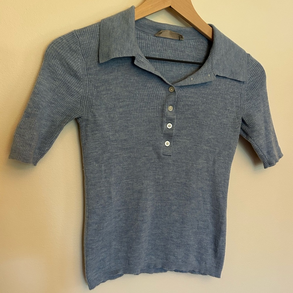 Everlane Heathered Blue Ribbed Polo Sweater Top